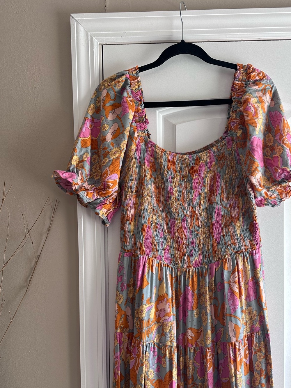 Floral Smocked Midi Dress in Pink & Orange